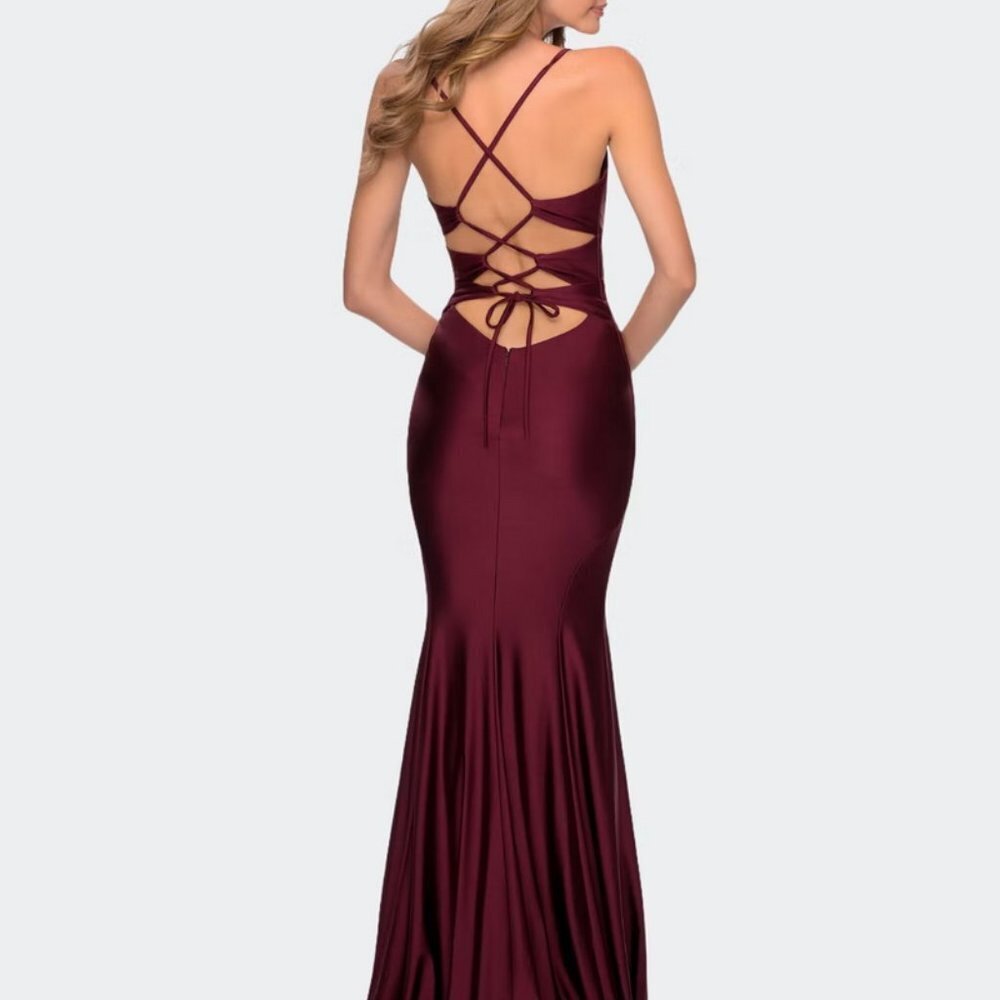 La Femme Dark Berry Strappy Back Knotted Detail Gown